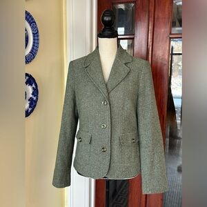 L.L. Bean | Vintage Green Houndstooth Tweed Academia Wool Blend Blazer, Size S